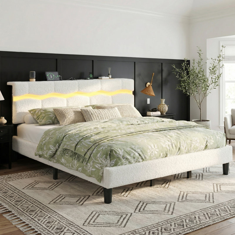 Lit tapissier Boucle, Beige, Très grand lit