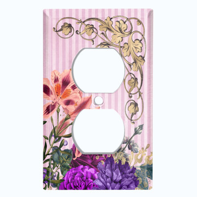 Purple/Orange Flower Green Leaves Frame Stripes 1-Gang Toggle Light Switch Wall Plate