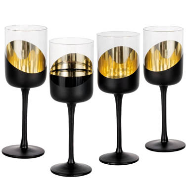 Matte Black & Gold Plated Design 8 oz Stemmed Champagne Flute Glasses, Set  of 6
