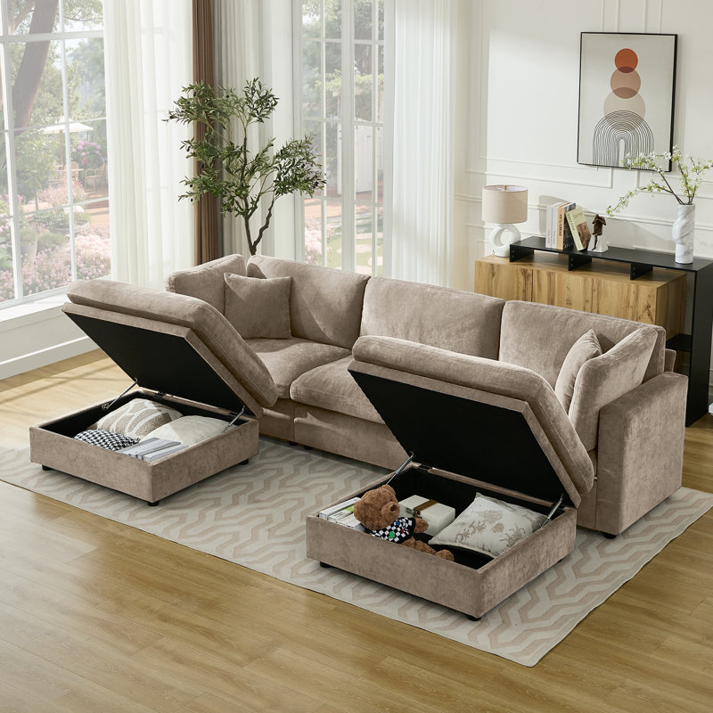 Oversized Down-Filled Modular Sofa With Ottomans, 34.6" H x 118.5" W x 66.9" D, Khaki