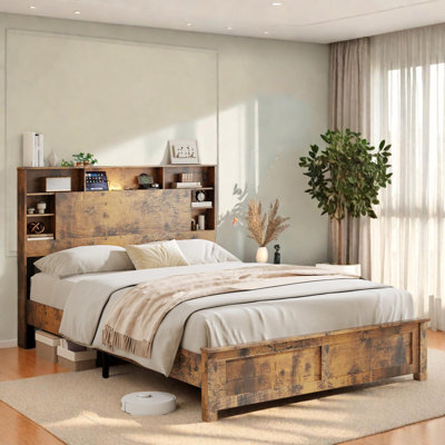 Wood Queen Bed Frame with Storage Headboard & Charging Station