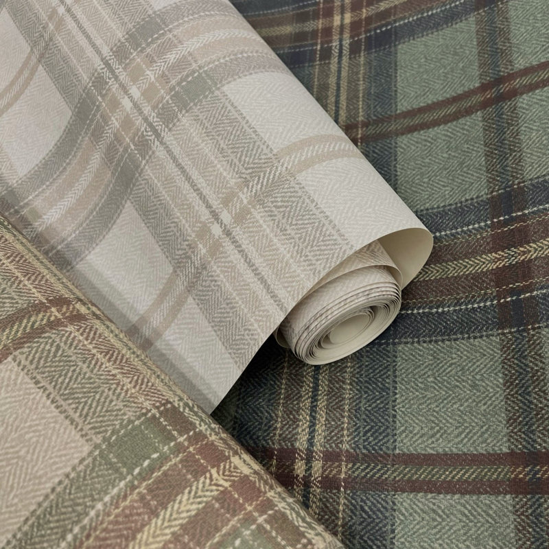 Harry & Grace Adobe & Antique Herringbone Plaid Premium Matte Non-Woven Peel And Stick Wallpaper, Beige/Brown/Green