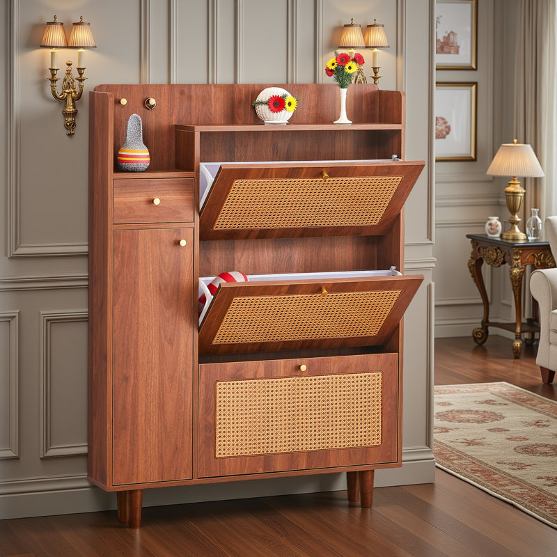 Wood Shoe Storage Cabinet with Drawers and Metal Legs, Noyer