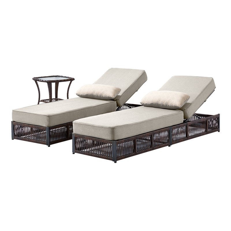 Ensemble 3 pièces de chaises longues d'extérieur Hayossy avec table d'appoint, fauteuils inclinables en osier de patio avec coussins épais