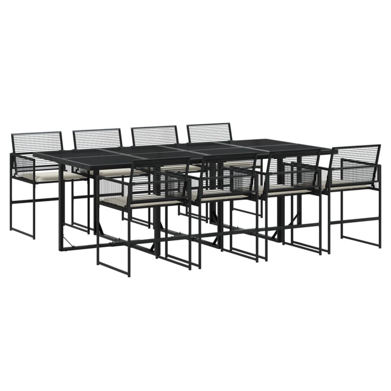  Ensemble de salle à manger de jardin noir, poly rotin blanc crème, acier, verre
