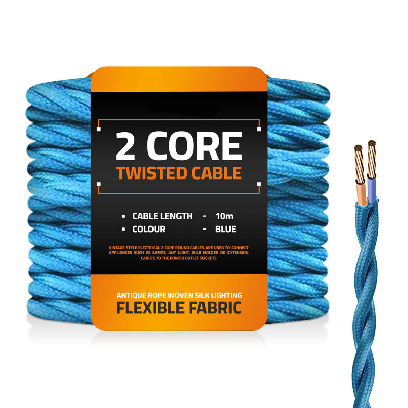 Arquan 2 Core Twisted Cable Fabric Flex Cord 0.75mm Braided Flexible Electrical UK Lighting Wire Cord / Cable, Blue