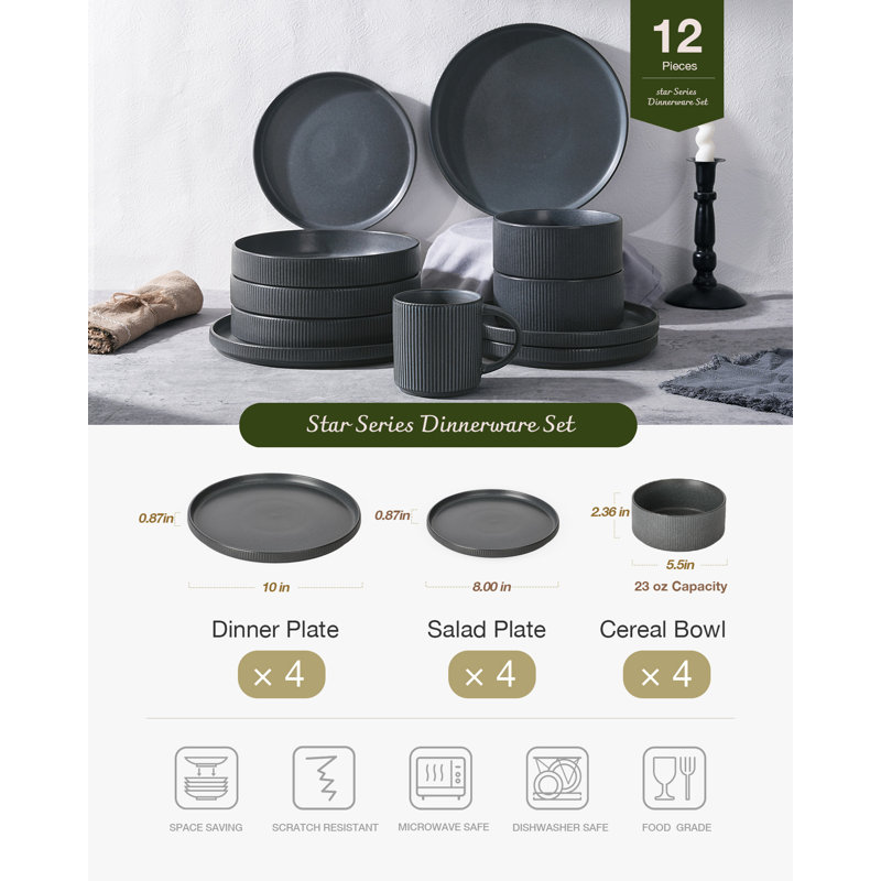 Service de table en grès, service pour 4, Gris anthracite mat mat