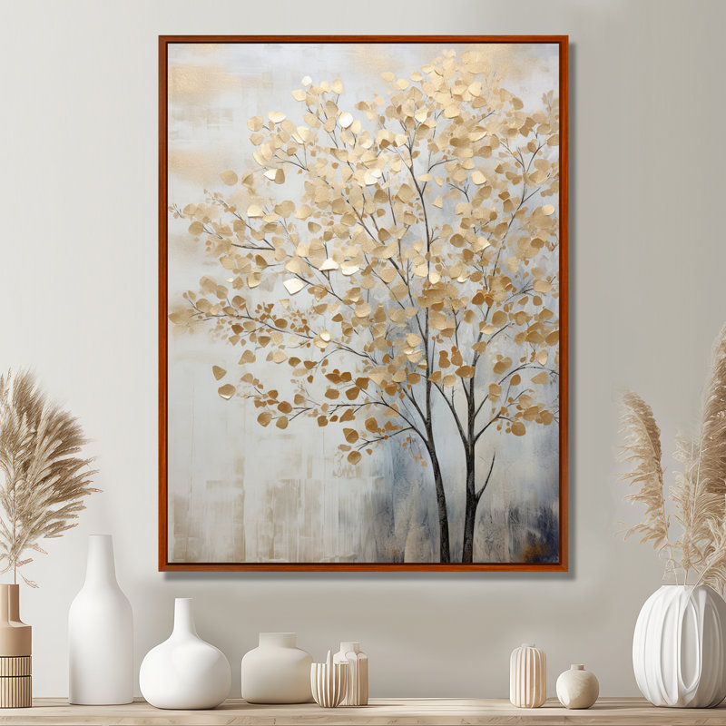 Minimalisme, scène d'arbres bleus et dorés - Art mural arbres, H 20 po x l 12 po x P 1 po, Cadre flottant brun