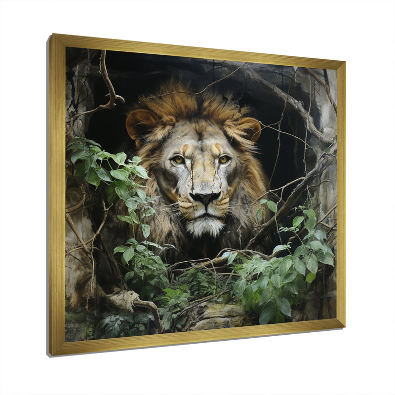 Lion vert dans la jungle - décoration murale animal lion, Encadrement doré, H 16 po x l 16 po x P 1 po