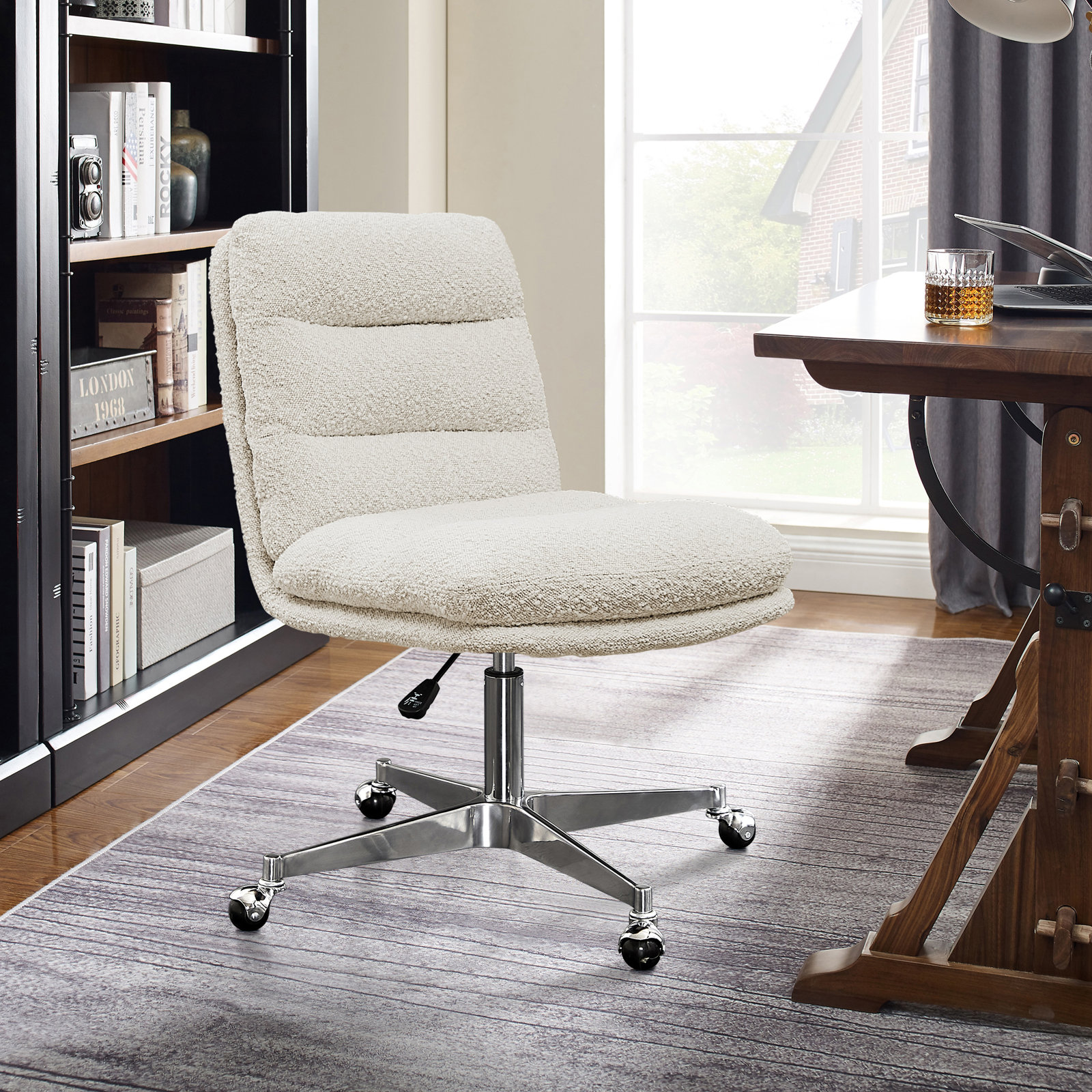 Paynesville Swivel Office Task Chair with Wheels, Off-White, Boucle 