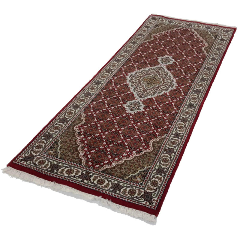 Tapis blanc / brun / rouge en coton / laine à motif oriental fait à la main 2 pi 9 po x 6 pi 9 po