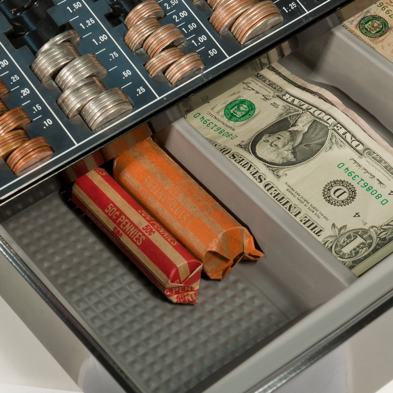 Black Steel 12-Inch Cash Box with Key Lock and Coin Trays