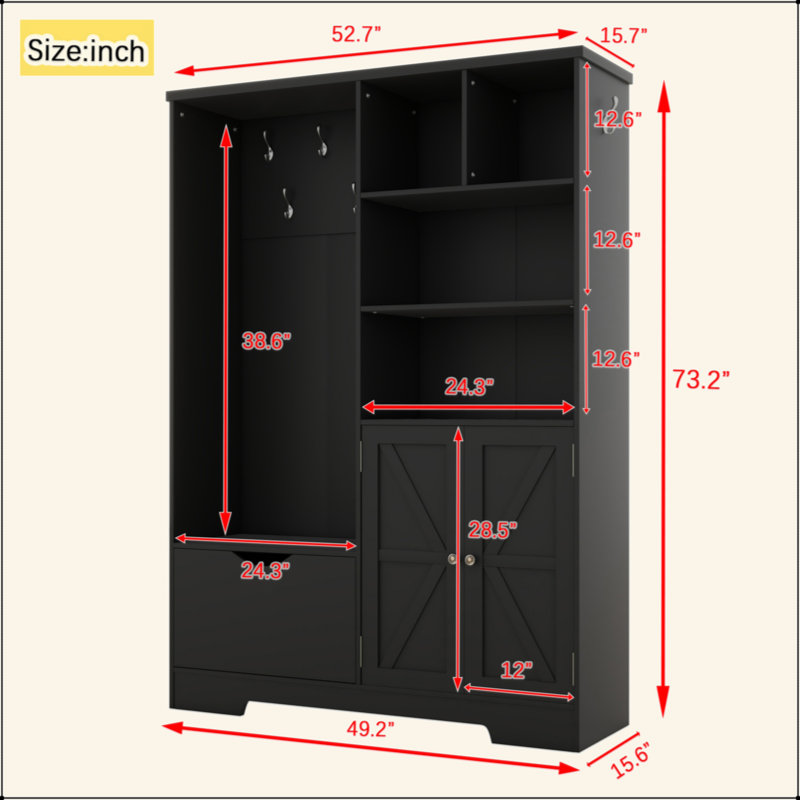 Arbre d'entrée multifonctionnel avec tablettes et tiroirs de rangement, armoire à chaussures élégante avec banc, portemanteau moderne avec crochets pour les entrées de couloir