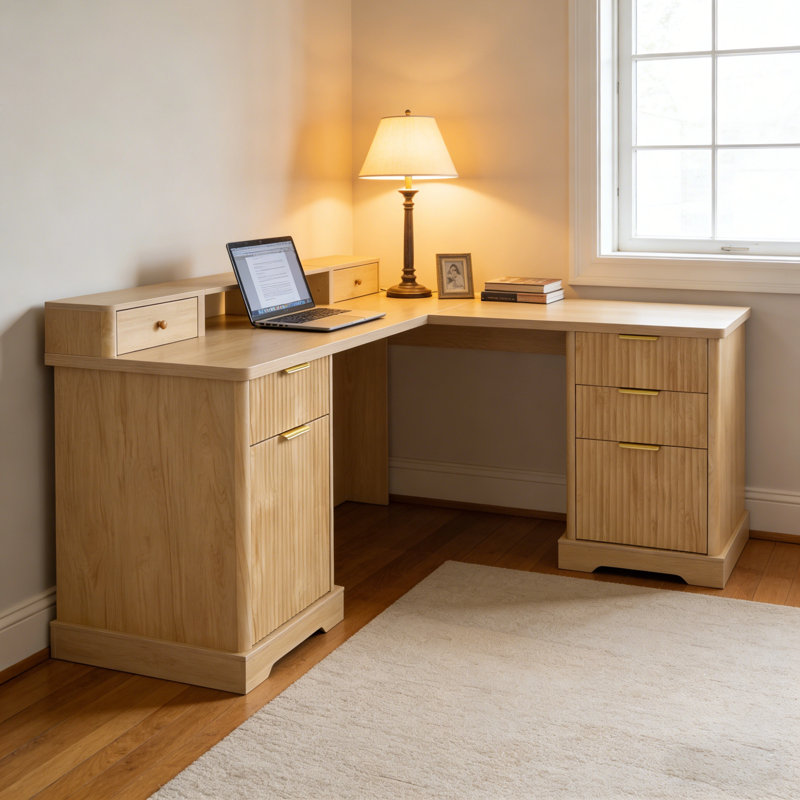 59" Modern Fluted L-Shaped Computer Desk With Storage Cabinet And Charging Station, Light Oak/Light Oak