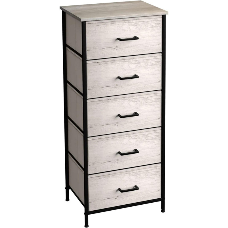 Sorbus Narrow 5 Drawers Nightstand with Steel Frame, Wood Top, & Fabric Bins, Gray