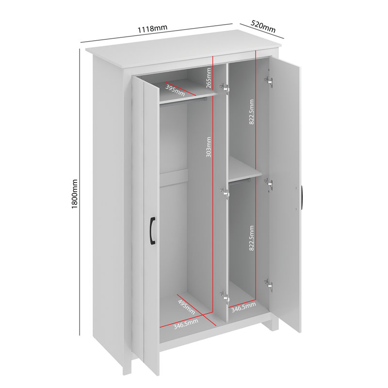 Brayden Studio 3 Door Wardrobe with Mirror, White/White