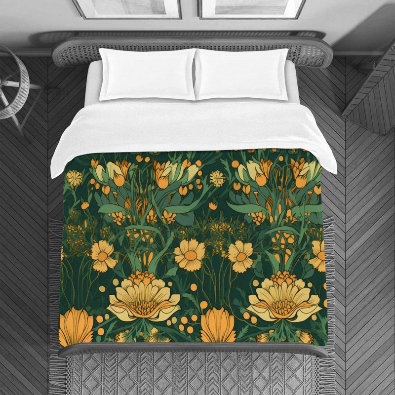 Polyester Machine Printed Duvet Cover, Twin  Duvet Cover, Gold/Green/Black Floral