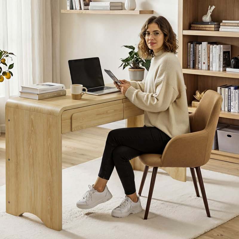 Abdulkareem 47 Inch Office Desk with 2 Storage Drawers, Curved Waterfall Modern Writing Desk, Minimalist Home Office Desk for Study, Natural Oak