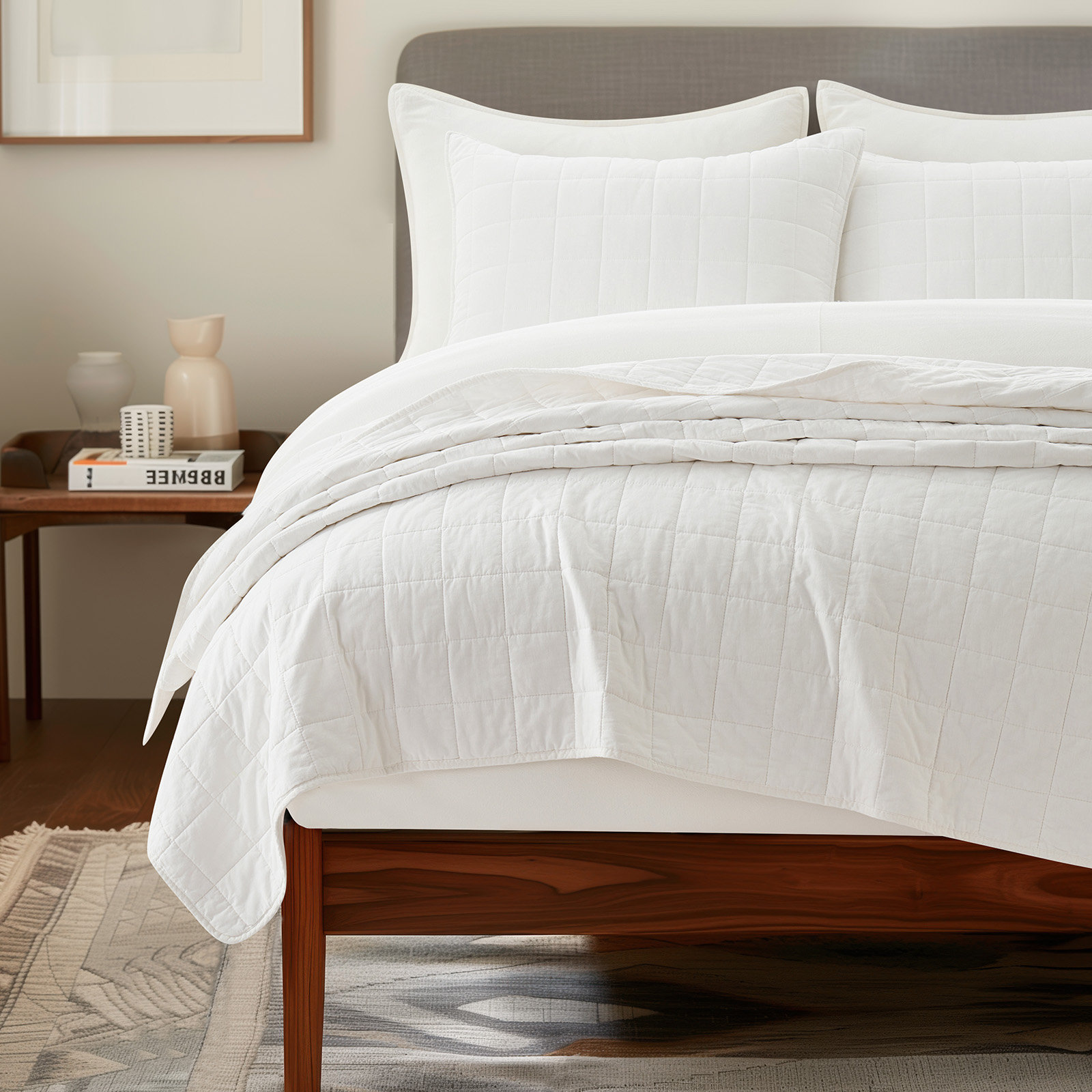 Cotton Quilt Set, King Quilt + 2 King Shams, Bright White