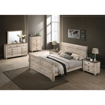 Imerland Contemporary White Wash Finish Bedroom Set with Sleigh Bed, Dresser, Mirror, Two Nightstands, Chest by Rosalind Wheeler