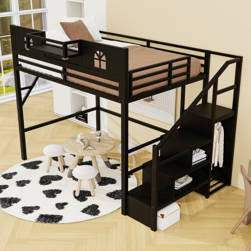 Metal Loft Bed with Stairs and Wardrobe, Queen