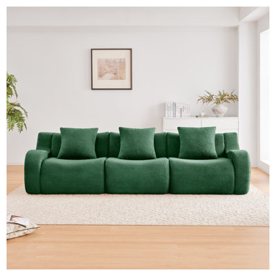 Emerald Green 3-Seat Teddy Fabric Curved Arm Sofa, No-Assembly Living Room Bedroom Couch