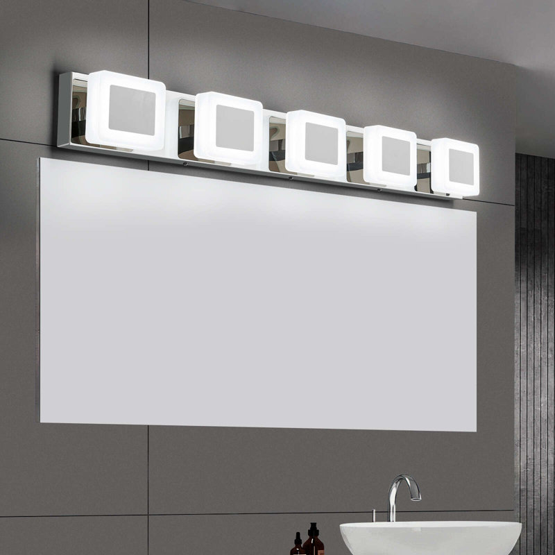 Luminaires de salle de bain modernes à DEL sur miroir en acrylique à intensité variable, Chrome chrome, 5 lumières