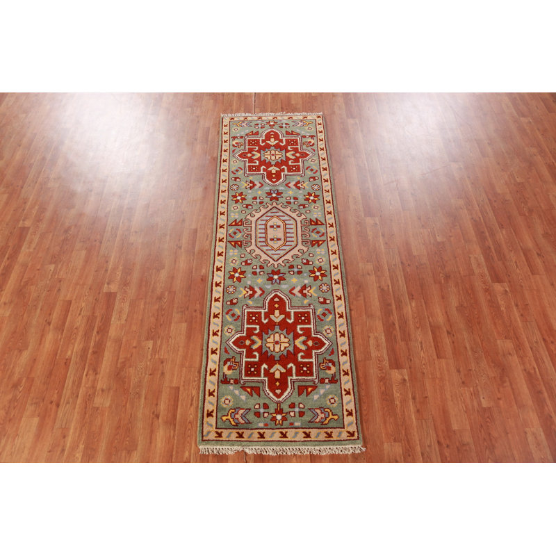 Tapis vert traditionnel à motif géométrique vert 3 x 8
