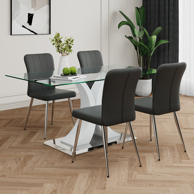Table en verre de style moderne, design transparent élégant, base de support durable, ensemble de chaises de salle à manger gris anthracite, pieds de chaise galvanisés, convient aux cuisines de restaurant (ensemble de 5)