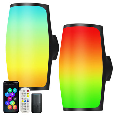 Applique murale d'extérieur, lumières de véranda d'extérieur avec plus de 50 modes scène, IP65 imperméable pour un décor extérieur, bricolage, applique murale compatible avec Alexa, ensemble Google (ensemble de 2)