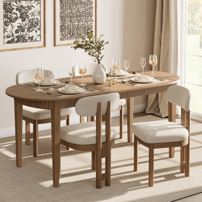 Ensemble de table de salle à manger moderne 5 pièces, table de salle à manger ovale en bois massif de 73 po avec 4 chaises en polyester, ensemble de salle à manger avec tablier cannelé pour la cuisine et la salle à manger
