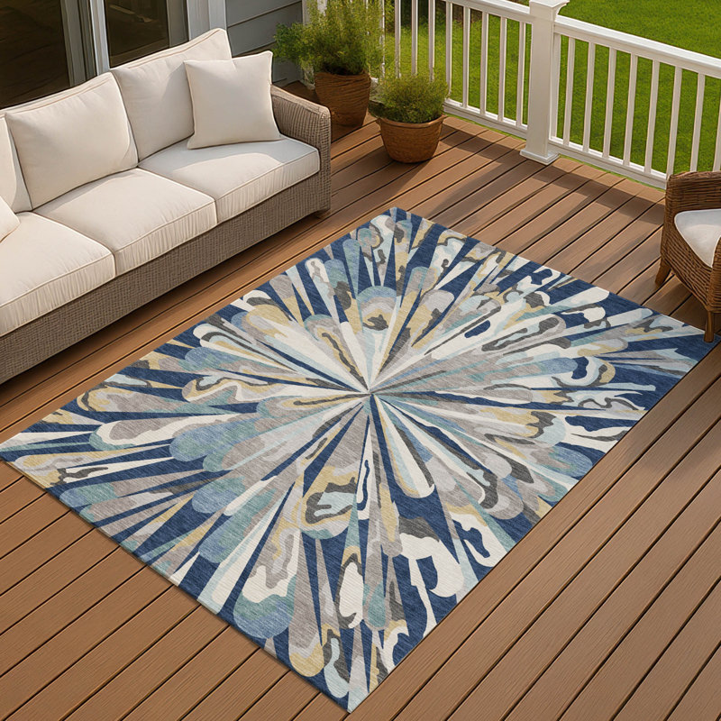 Tapis abstrait lavable à la machine intérieur / extérieur ACN2838, Marine, 3 pi x 5 pi