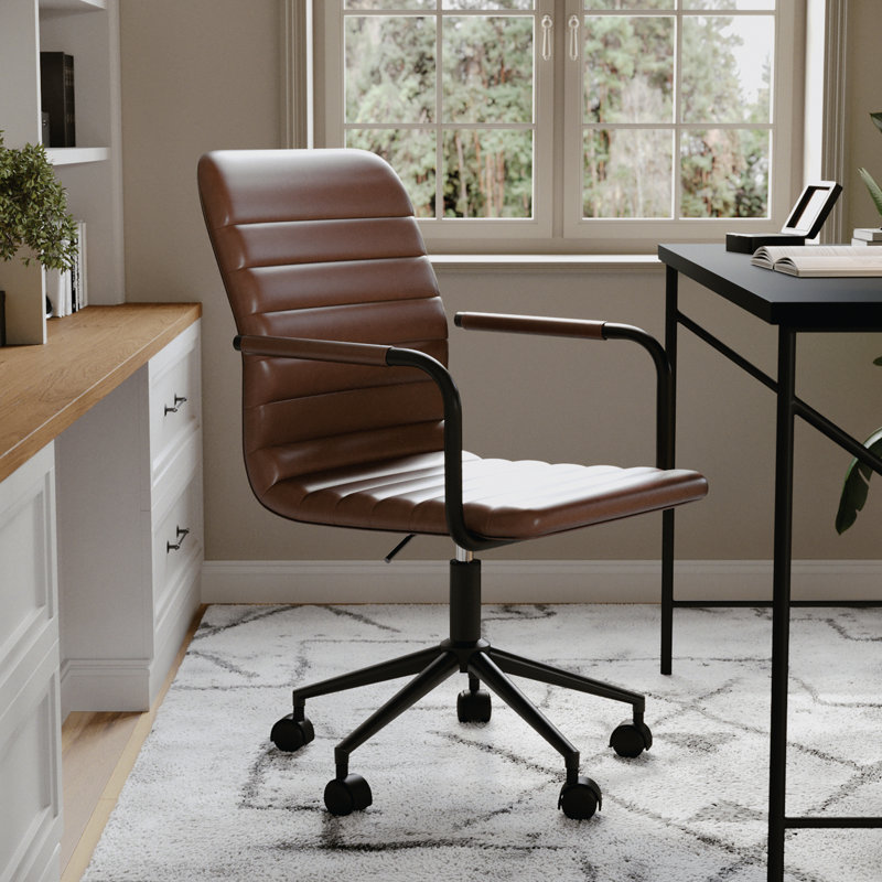 Saddle Brown Faux Leather Swivel Office Chair with Bronze Frame