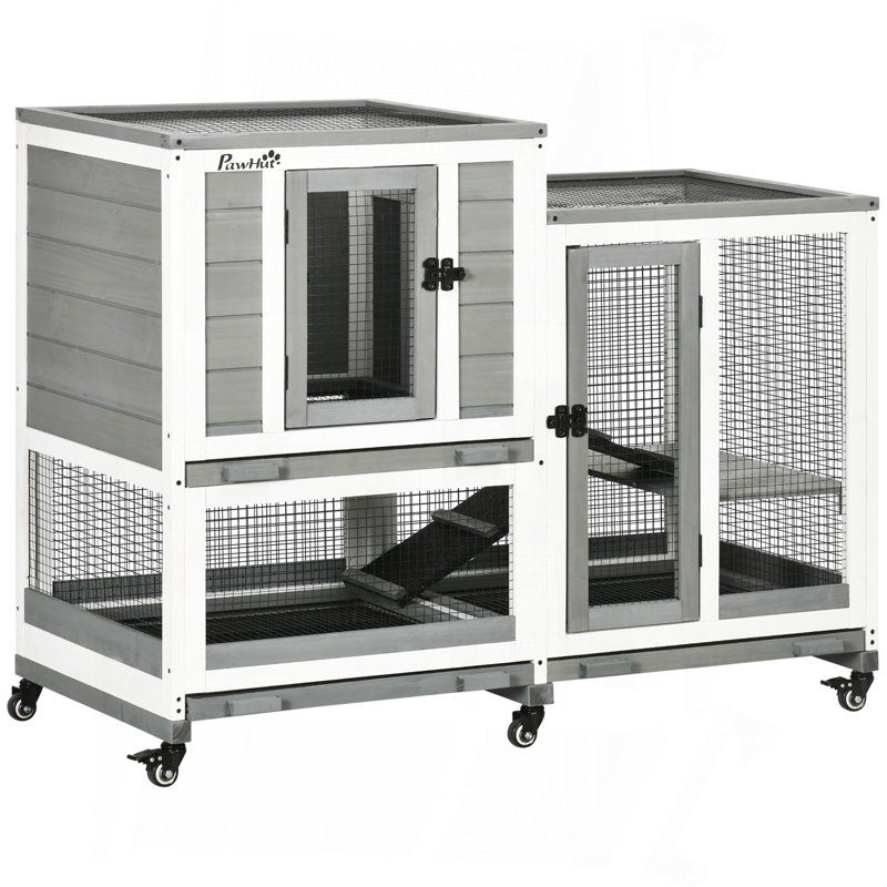 Cage à lapin d'intérieur, cage à lapin en bois à trois étages avec coulisses, roues, toit imperméable et plateaux amovibles, gris