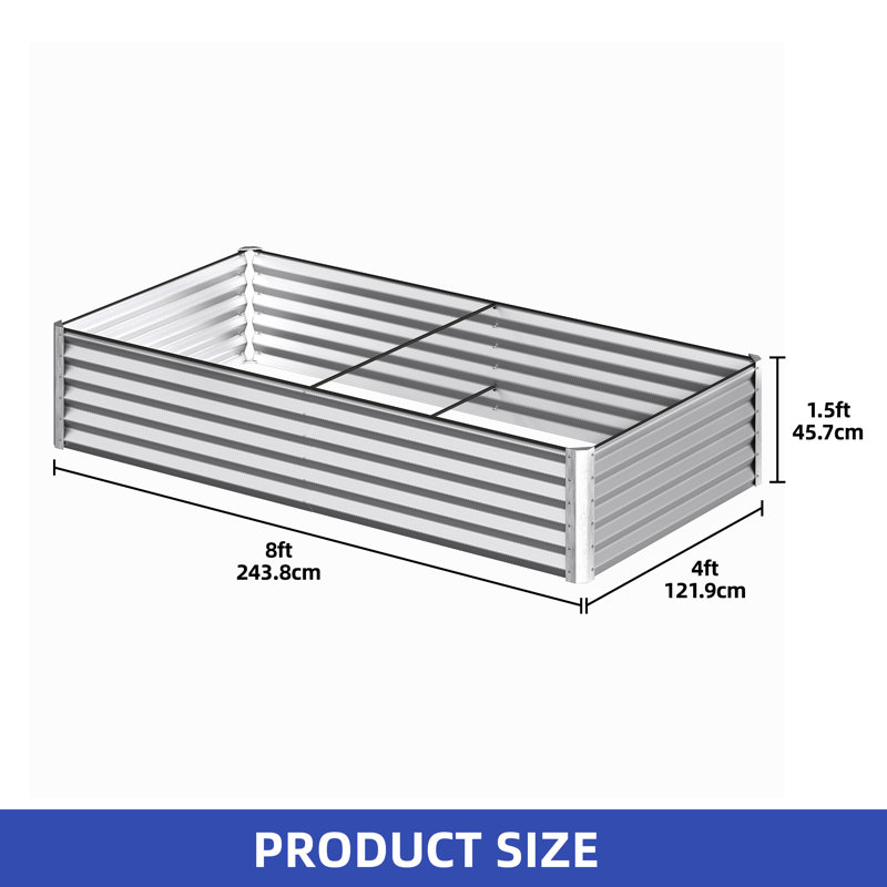 Silver Metal Outdoor Raised Garden Bed, 18" H x 72" W x 24" D