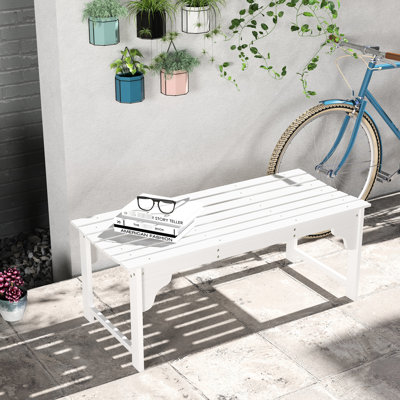 Banc en bois blanc avec siège à lattes pour jardins extérieurs, patios conçus pour durer, structure en acier thermolaqué, 264 lb. Soutien