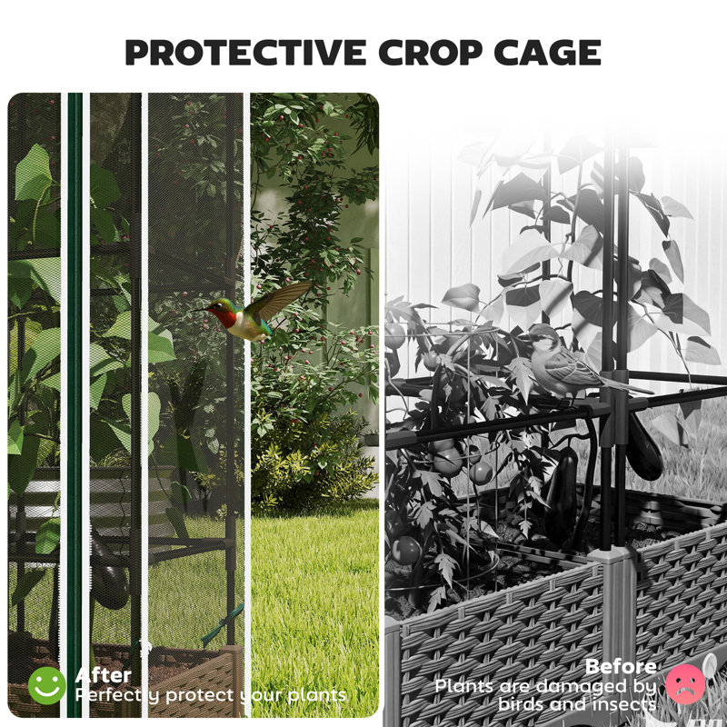 Raised Garden Bed with Trellis, 46.5" Tomato Cage with Crop Cage, Self Watering Planter Box with Drainage Holes and Plugs for Outdoor Patio Climbing Plants, Vines, Vegetables, Flowers, White