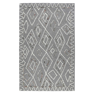 5' X 8' Dark Gray Ivory And Rust Wool Geometric Hand Hooked Area Rug