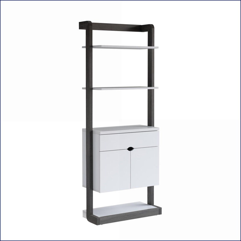 Bibliothèque, contemporain, 4 tablettes ouvertes avec 1 tiroir et amp; 2 armoires | Blanc et blanc Gris clair | Panneau de particules