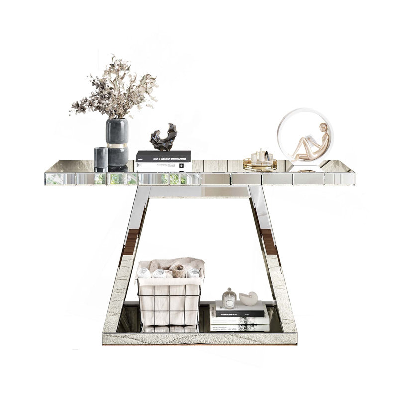 55.9" Modern Luxe Full-Body Mirror Entryway Table With Trapezoid Base – 360° Reflective Console Table, Sturdy Wooden Frame