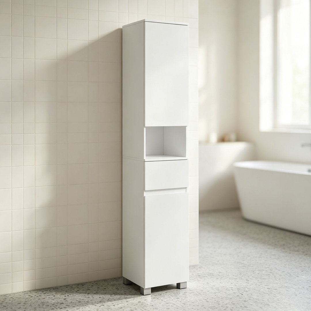 Compact Space-Saving White Tall Bathroom Storage Cabinet, Freestanding Narrow Tallboy for Towels, Skincare & Household Daily Goods