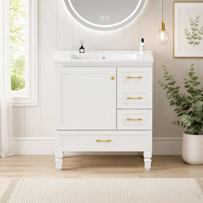 Meuble-lavabo blanc 30 po. Armoire de rangement abondante - 1 porte à fermeture douce et 3 tiroirs