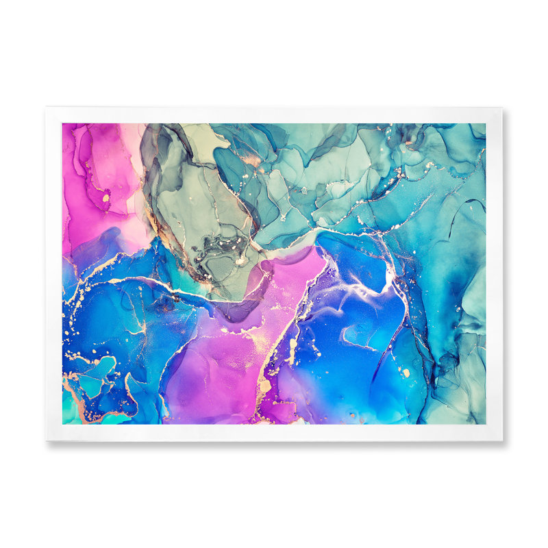Art abstrait liquide rose et mauve III - reproduction sur toile, H 16 po x l 32 po x P 1 po, Cadre photo blanc