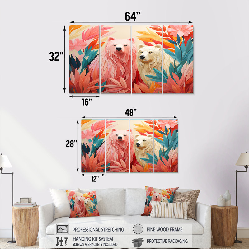 «Pink Tropical Bear Harmony II», ensemble de 4 décorations murales ours, H 28 po x l 48 po