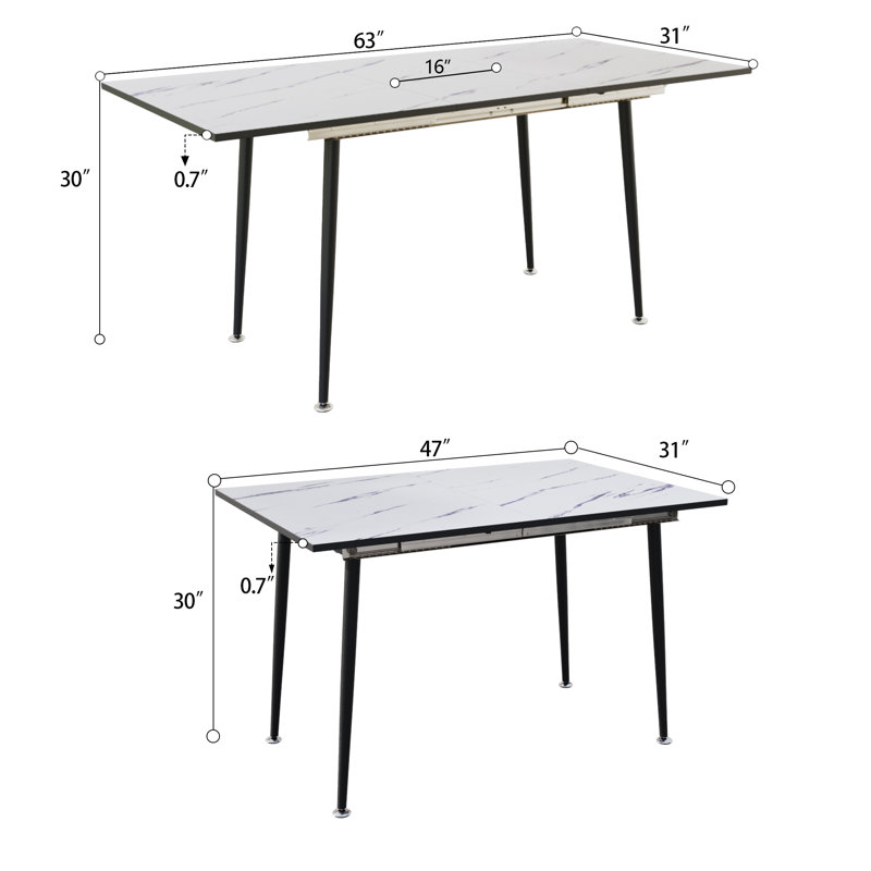 Expandable MDF Dining Table For 4-6, Medieval Style WF-With Black Metal Legs, White, 30" H x 63" W x 31" D