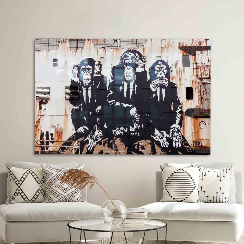 Art mural abstrait en forme de "Three Wise Monkeys" de Banksy en verre trempé pour une décoration intérieure unique