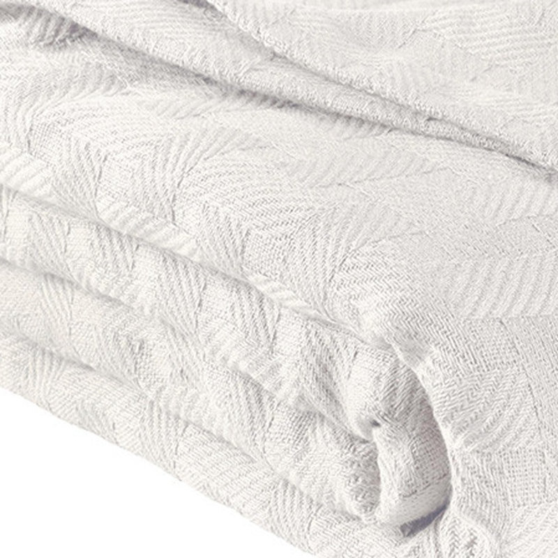 Queen White Cotton Basketweave Geometric Blanket