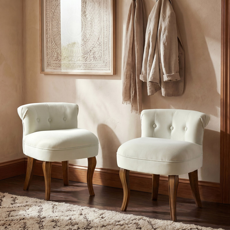 Modern Tufted Velvet Side Chair with Solid Wood Legs, Ivory Velvet