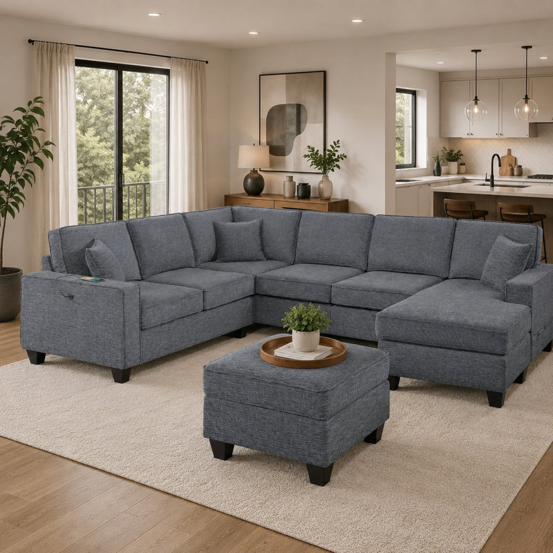 Ensemble de canapé modulaire 5 pièces Vini, 3 coussins, USB, chenille noir rembourré de mousse, Chenille gris ardoise