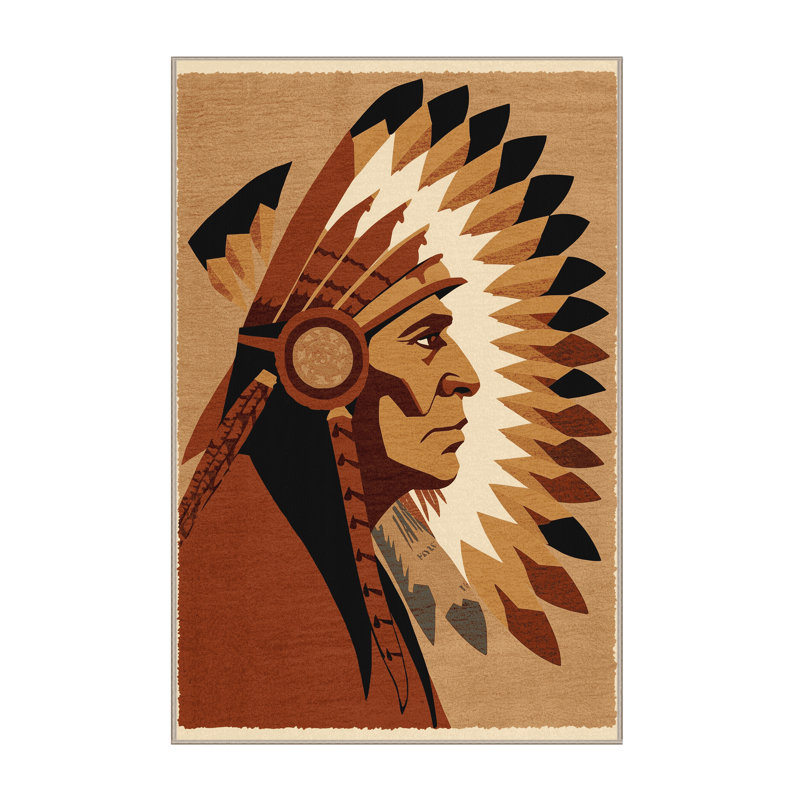 Soft Plush Dunphy Feathered War Chief Classic Block Print Area Rug in Brown – Beige Binding, 2x5